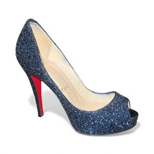 Christian Louboutin Very Prive 120 Blue Marine Glitter Peep Toe Heels Size 37
